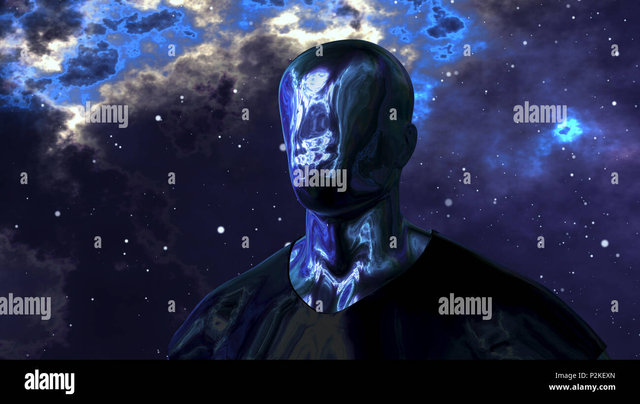 A fantastic 3d illustration of an android looking man without eyes, lips  and nose but with shining metallic face and body. The black and blue cosmos  m Stock Photo - Alamy