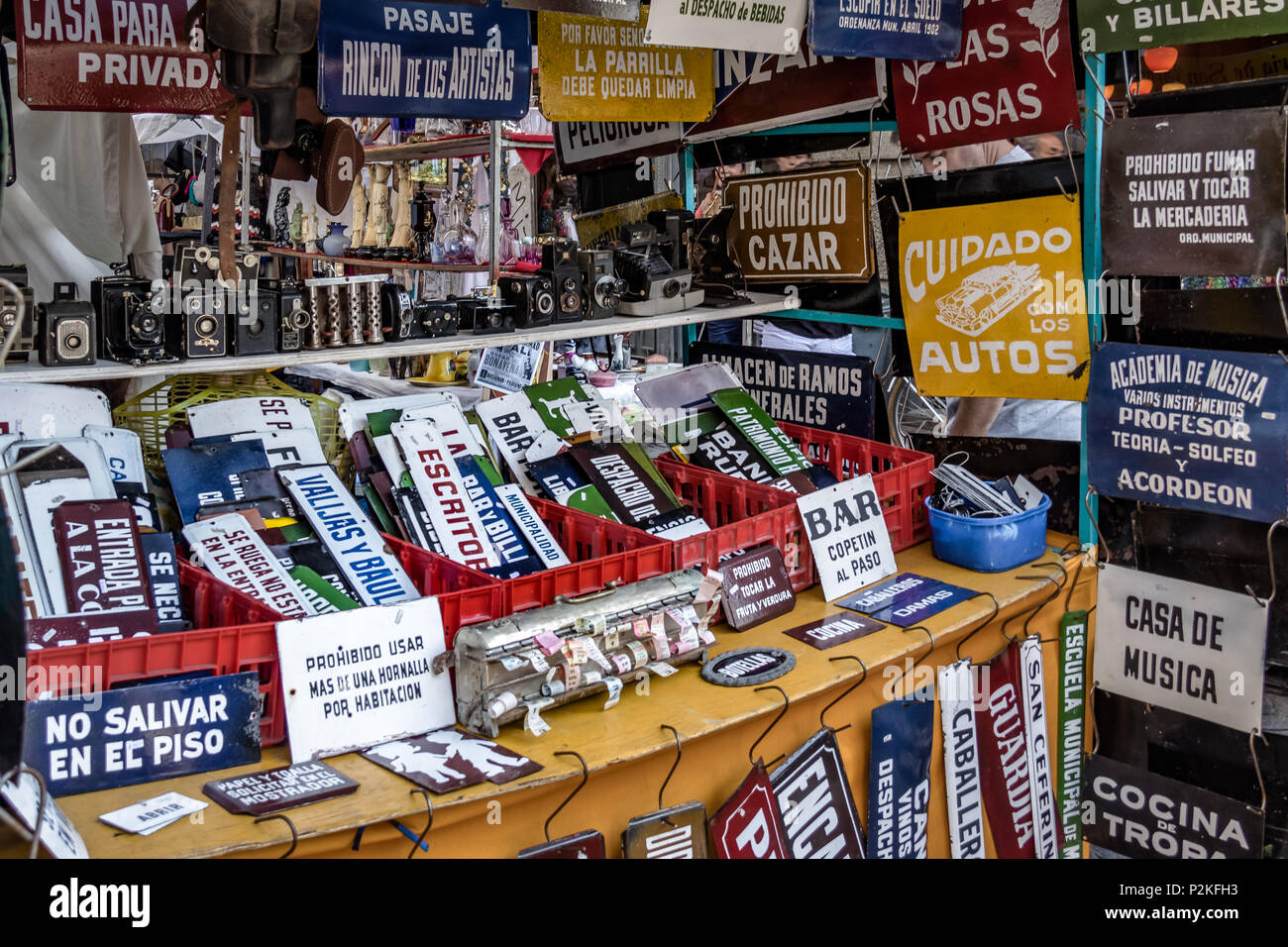 Signs and Antiquities at Feria de San Telmo (San Telmo Market) - Buenos Aires, Argentina Stock Photo