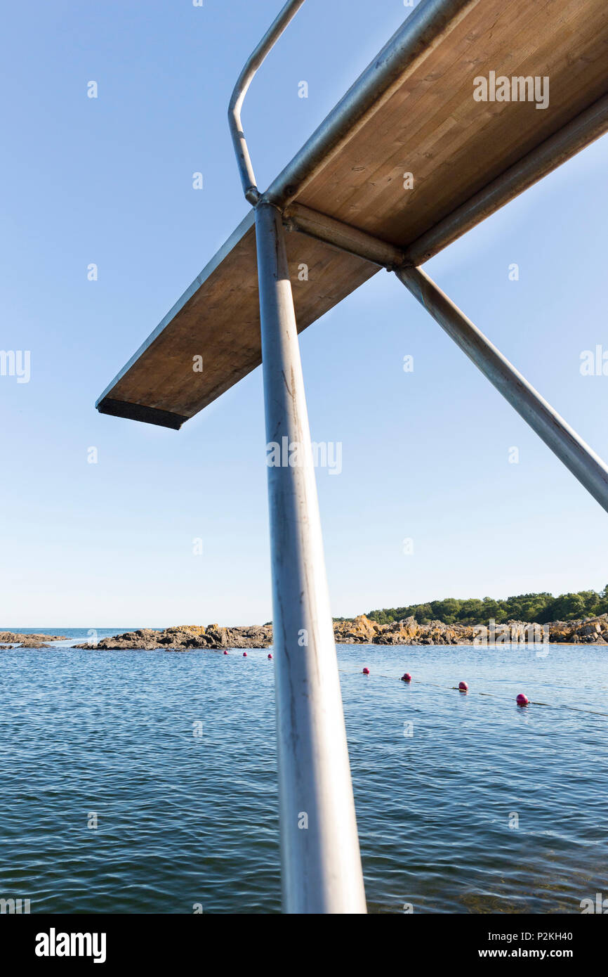 Diving tower at the beach near Hullehavn Camping, summer, Baltic sea, Bornholm, Svaneke, Denmark, Europe Stock Photo