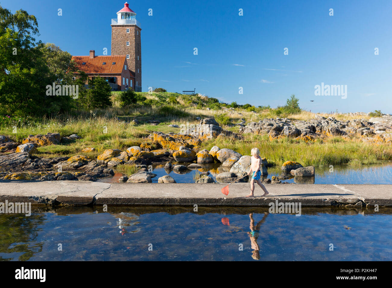 boy with fishing net near the beach at Hullehavn Camping, landing stage, summer, Baltic sea, MR, Bornholm, Svaneke, Denmark, Eur Stock Photo