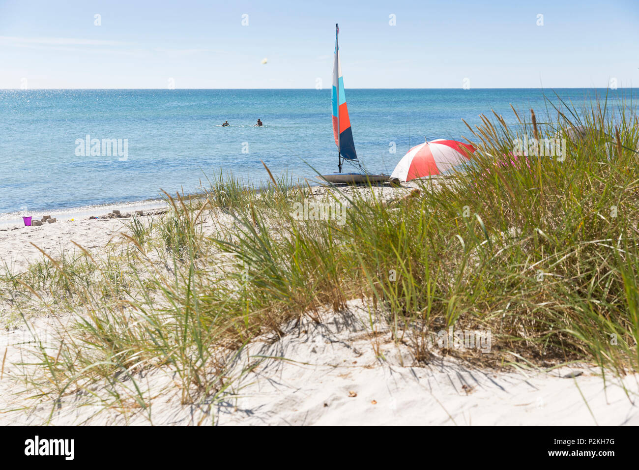 Windsurfing, board, dream beach between Strandmarken und Dueodde, Sandy beach, Summer, Baltic sea, Bornholm, Strandmarken, Denma Stock Photo