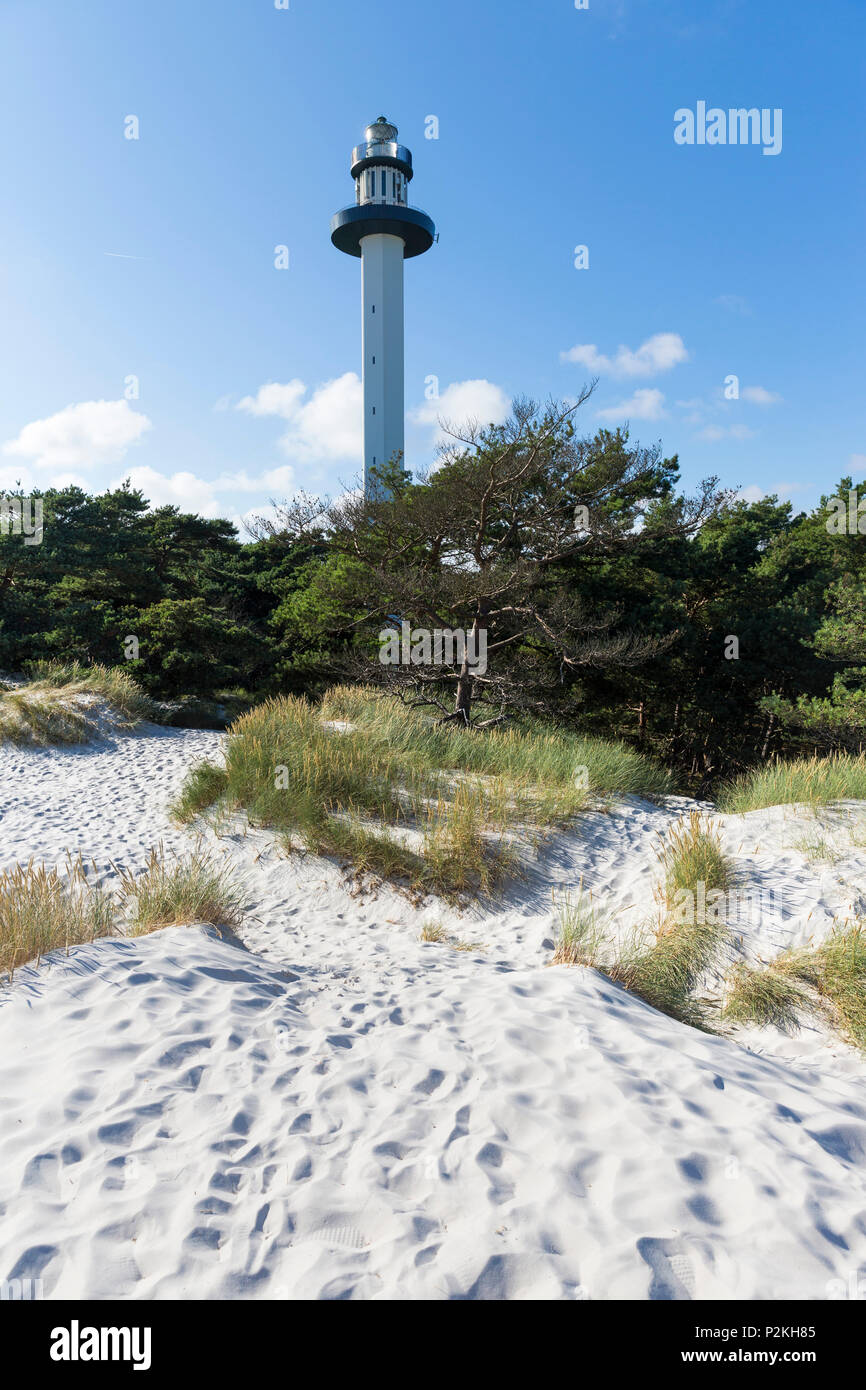 lighthouse at dream beach and dunes of Dueodde, sandy beach, Summer, Baltic sea, Bornholm, Dueodde, Denmark, Europe Stock Photo