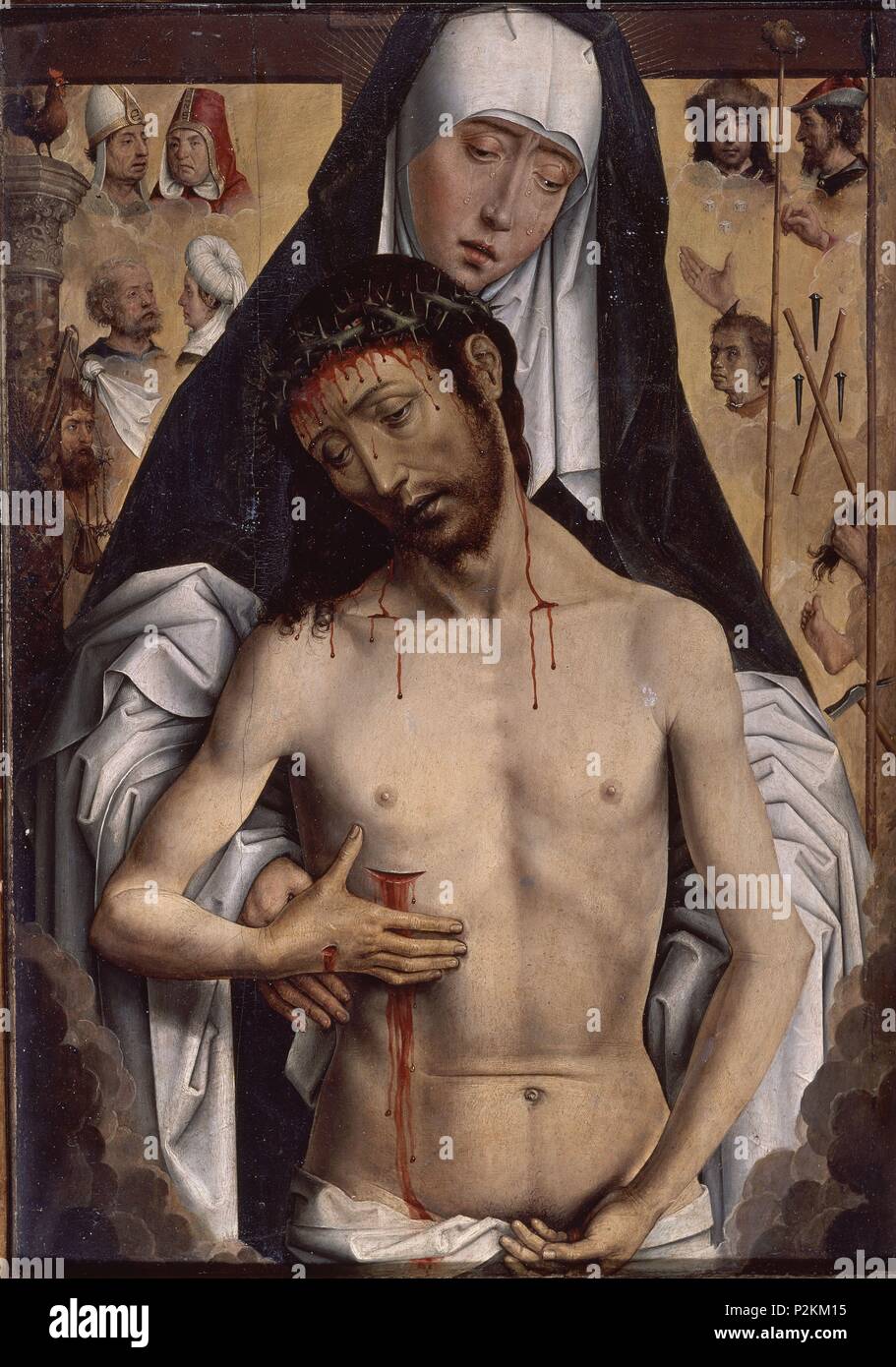 'The Virgin Showing the Man of Sorrows', c. 1475, Oil on panel, 53,3 x 37,9 cm. Author: Hans Memling (c. 1433-1494). Location: CATEDRAL-CAPILLA REAL-INTERIOR, GRANADA, SPAIN. Also known as: VIRGEN CON CRISTO MUERTO. Stock Photo