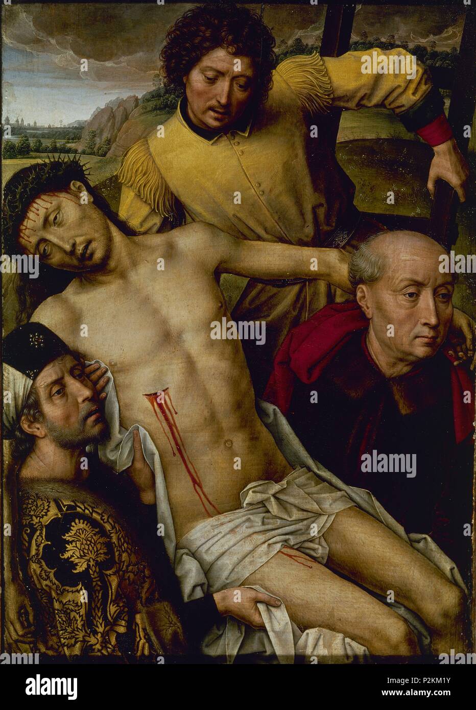 'The Descent from the Cross', 1480, Oil on panel, 53 x 38 cm. Author: Hans Memling (c. 1433-1494). Location: CATEDRAL-CAPILLA REAL-INTERIOR, GRANADA, SPAIN. Also known as: DESCENDIMIENTO. Stock Photo