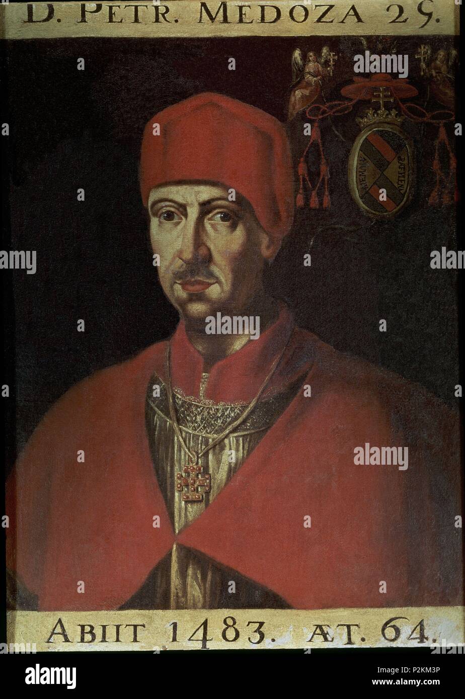 Portrait of Pedro Gonzalez de Mendoza (1428-1495), Spanish cardinal and politician.. Seville, Biblioteca de la Colombina. Author: ANONIMO SIGLO XV. Location: BIBLIOTECA COLOMBINA, SEVILLA, SEVILLE, SPAIN. Stock Photo