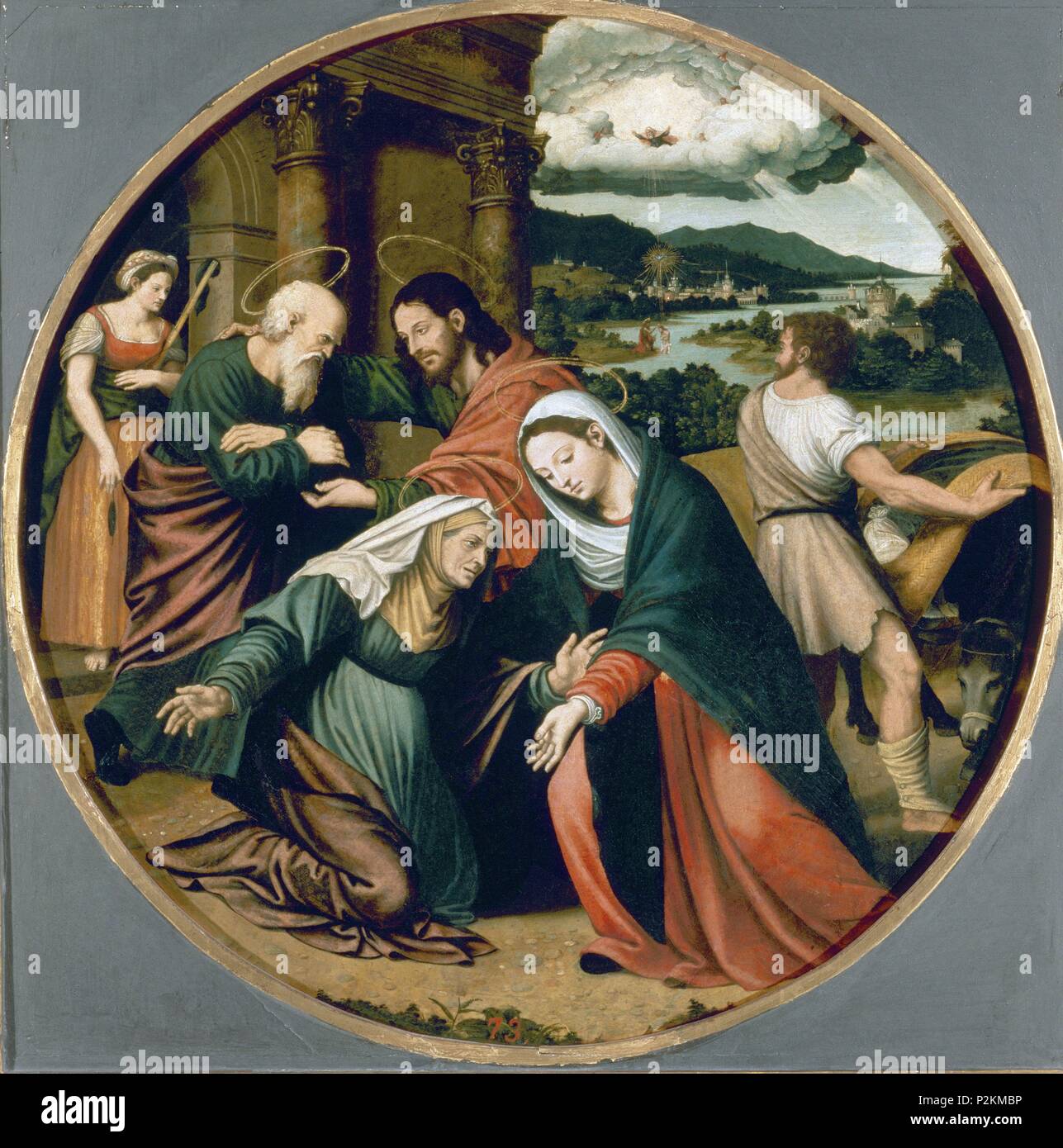 Spanish school. The Visitation . La Visitación. Oil on panel (60 cm diametre). Madrid, El Prado. Author: Vicente Macip (1475-1545). Location: MUSEO DEL PRADO-PINTURA, MADRID, SPAIN. Stock Photo