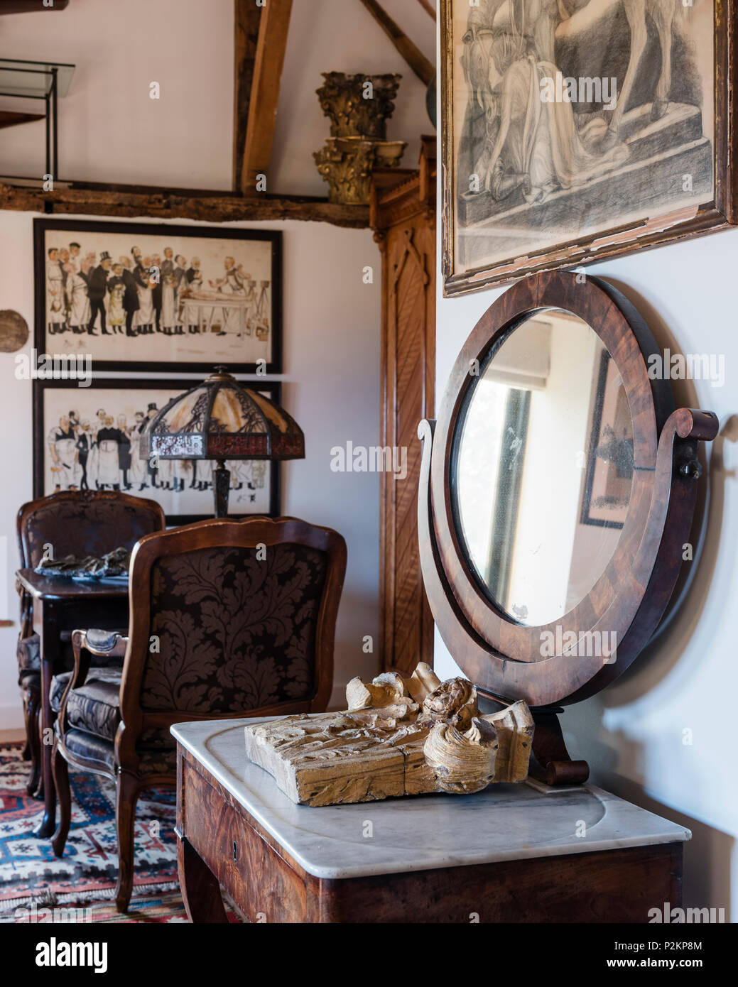 1830 S French Empire Table With Antique Mirror And Tiffany Lamp On