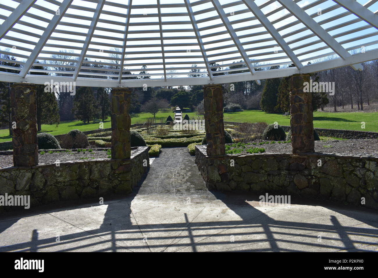 View of the garden from inside the gazebo at Deep Cut Gardens at Middletown, NJ, in the early Spring Stock Photo