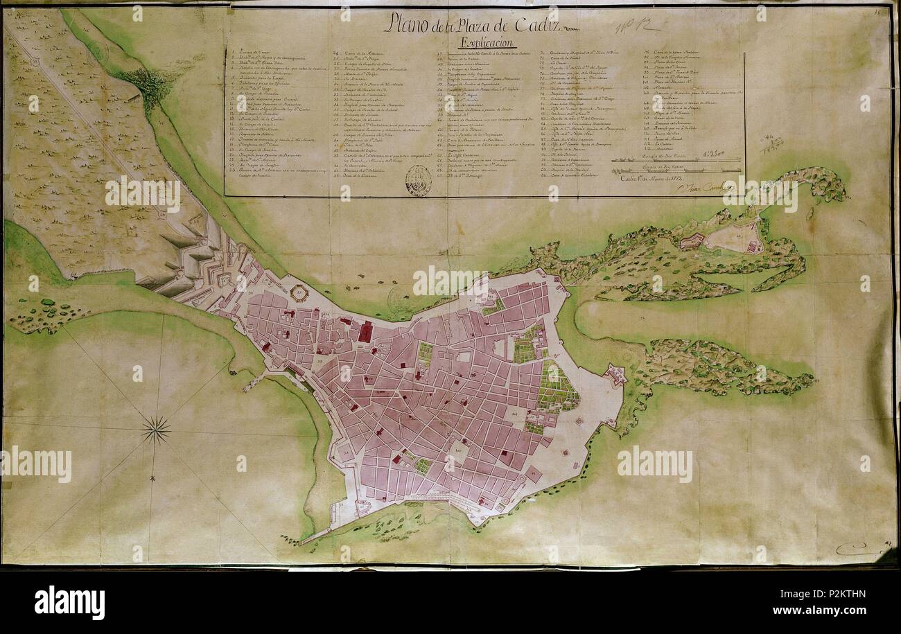 Map of Cadiz. 1772. Madrid, National archive of History. Location: ARCHIVO HISTORICO MILITAR, MADRID, SPAIN. Stock Photo
