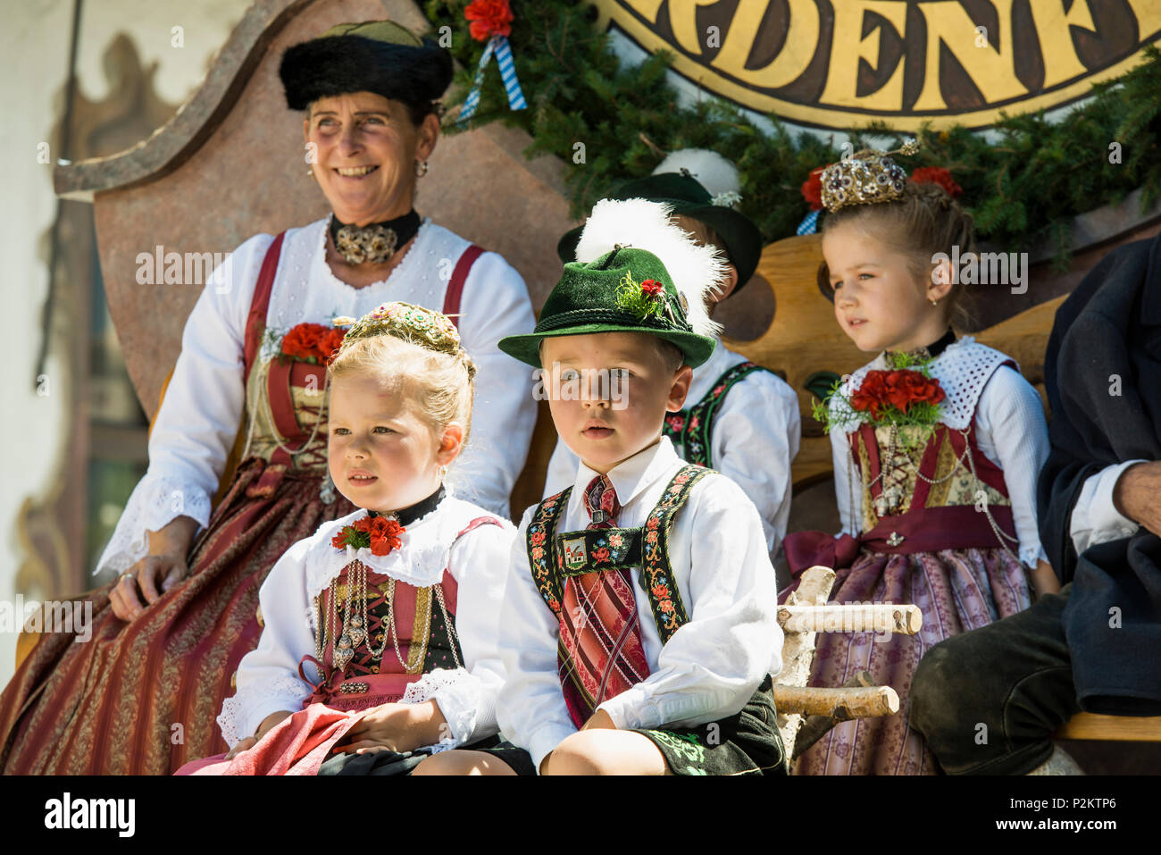 Children in a horse carriage, traditional prozession, Garmisch-Partenkirchen, Upper Bavaria, Bavaria, Germany Stock Photo