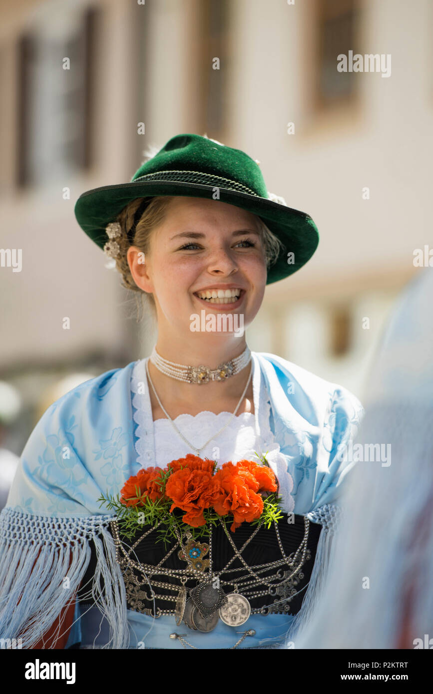 Woman wearing traditional clothes, traditional procession, Garmisch-Partenkirchen, Bavaria, Germany Stock Photo