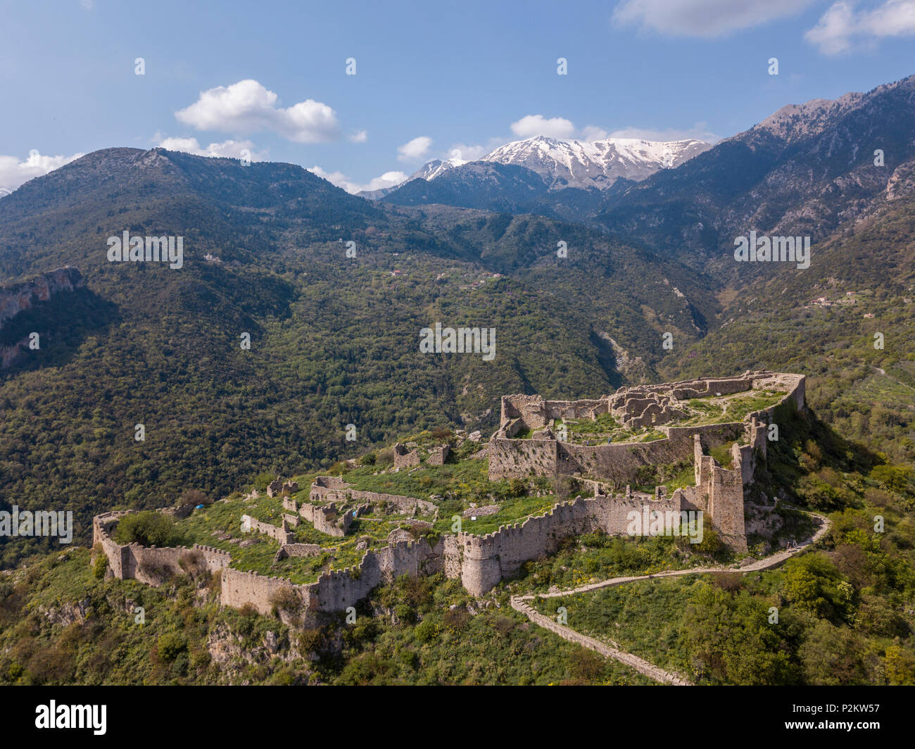 Aerial view of Villehardouin's Castle in the abandoned town of Mystras in the Peloponnese peninsula of southern Greece Stock Photo