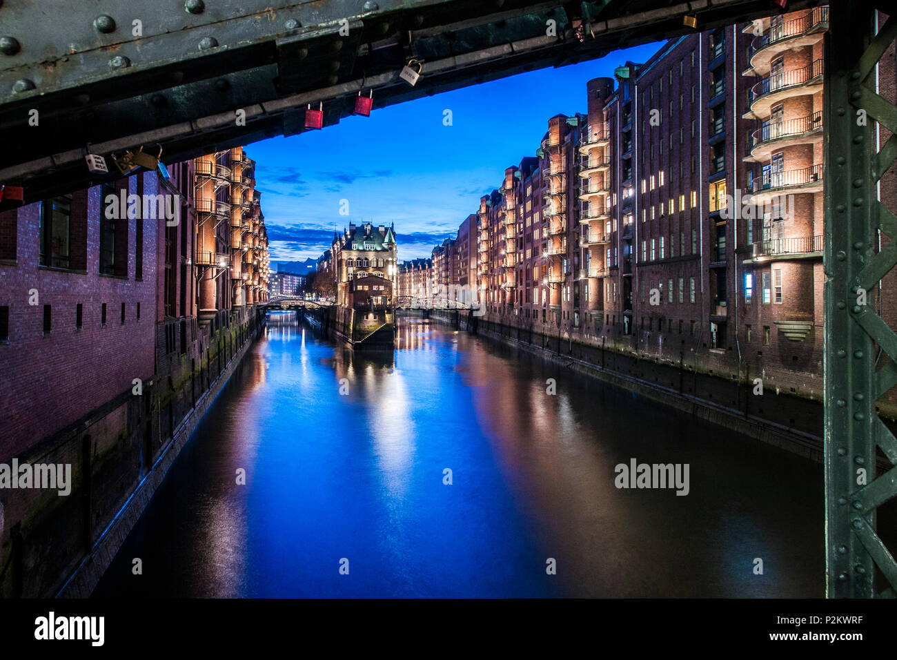 view  to the Watercastle in the old Speicherstadt in the twilight, Hafencity of Hamburg, north Germany, Germany Stock Photo