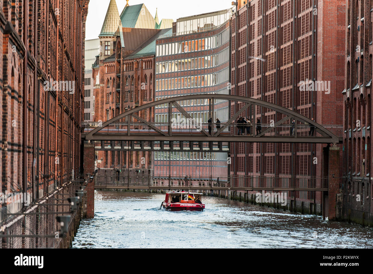 Tourist boat in the Speichestadt, Hafencity of Hamburg, north Germany, Germany Stock Photo