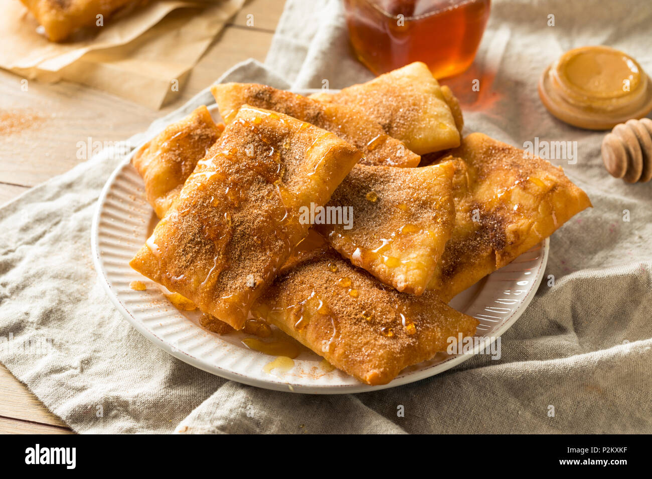 Homemade Deep Fried Mexican Sopapillas with Cinnamon Sugar Stock Photo
