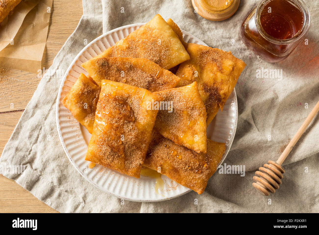 Homemade Deep Fried Mexican Sopapillas with Cinnamon Sugar Stock Photo