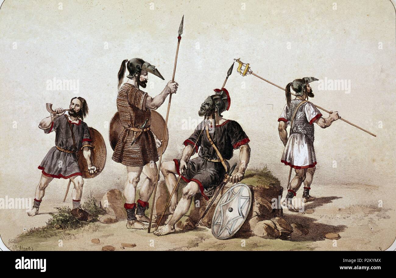 Cantabric, Lusitanian and Turdetan warriors. Madrid, Military historical archives. Author: VILLEGAS. Location: ARCHIVO HISTORICO MILITAR, MADRID, SPAIN. Stock Photo