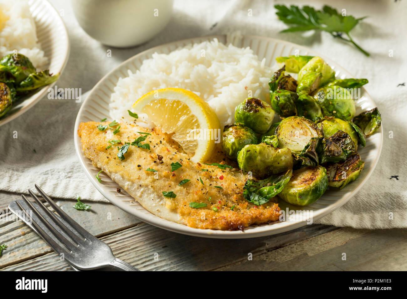 Homemade White Fish Filet Dinner with Rice and Brussel Sprouts Stock Photo