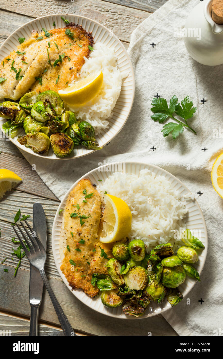 Homemade White Fish Filet Dinner with Rice and Brussel Sprouts Stock Photo