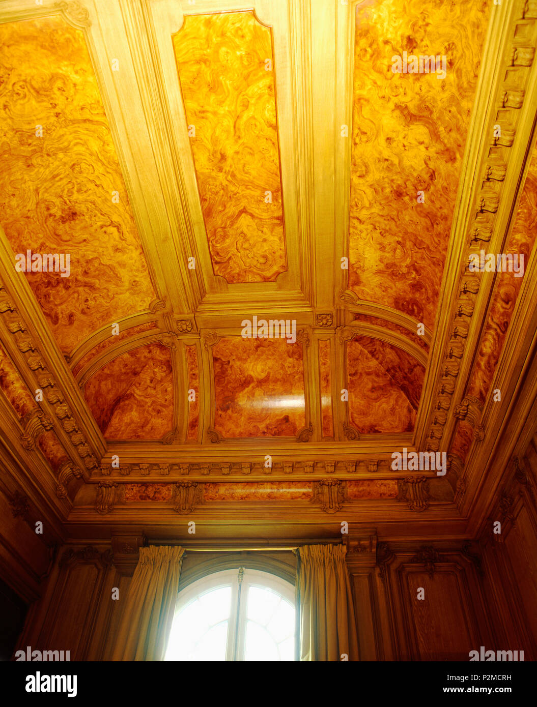 Close-up of red marble-effect ceiling and ornate cornice in hall in Paris apartment Stock Photo