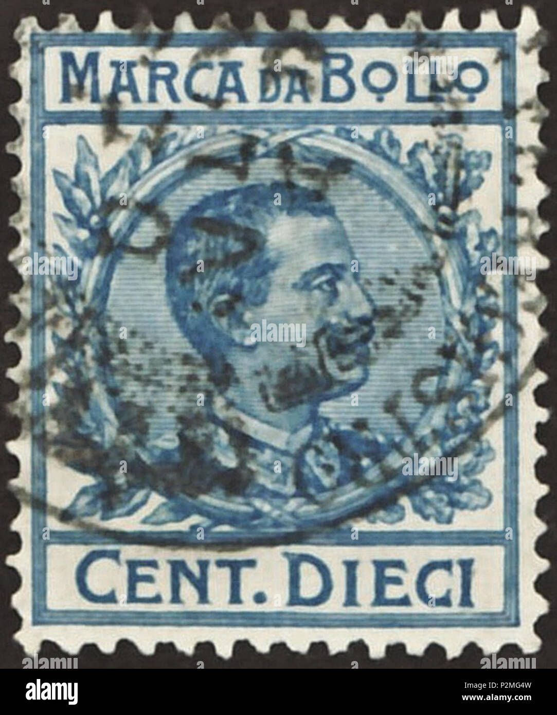 Stamp of the Kingdom of Italy; 1905; revenue stamp (Italian: 'Marco da  Bollo') of the issue 'King Vittorio Emanuele III in circle with view to  right' (1905-1920); framed drawing of an