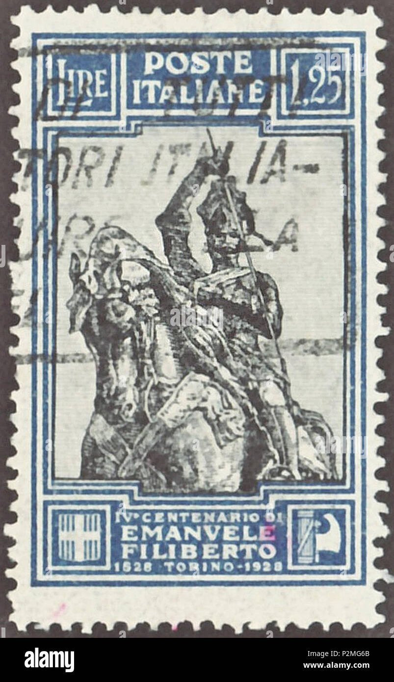 . Stamp of the Kingdom of Italy; 1928; commemorative stamp of the issue to the '400th anniversary of Emmanuel Philibert, Duke of Savoy (1528-1580)'; drawing of the duke from an equestrian monument in Turin of Emmanuel Philibert, Duke of Savoy during the Battle of Saint-Quentin in 1557; postmarked Stamp: Michel: No. 290B; Yvert & Tellier: No. 219; Scott: No. 209 Color: azure / black Watermark: Italy No. 1 (crown) Nominal value: 1.25 Lire Postage validity: from 27 July 1928 until 31 December 1929 Stamp picture size (printed area): 22.0 x 36.0 mm . 27 July 1928 first issue day of the stamp). Post Stock Photo