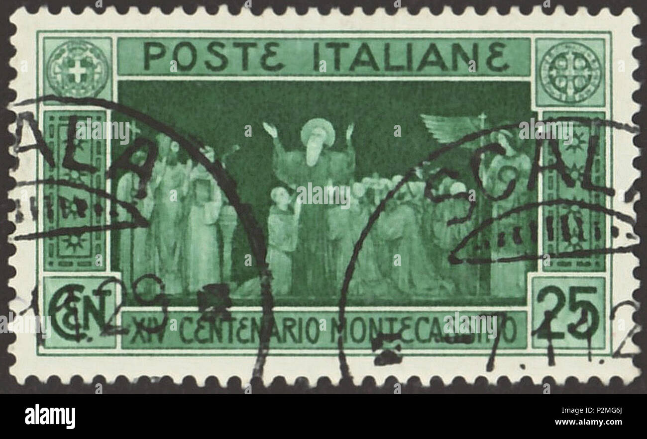 Stamp Of The Kingdom Of Italia 1929 Commemorative Stamp Of The Issue 1400 Years Of The Founding Of The Abbey Of Monte Cassino Drawing Of An Unknown Fresco To The Deat