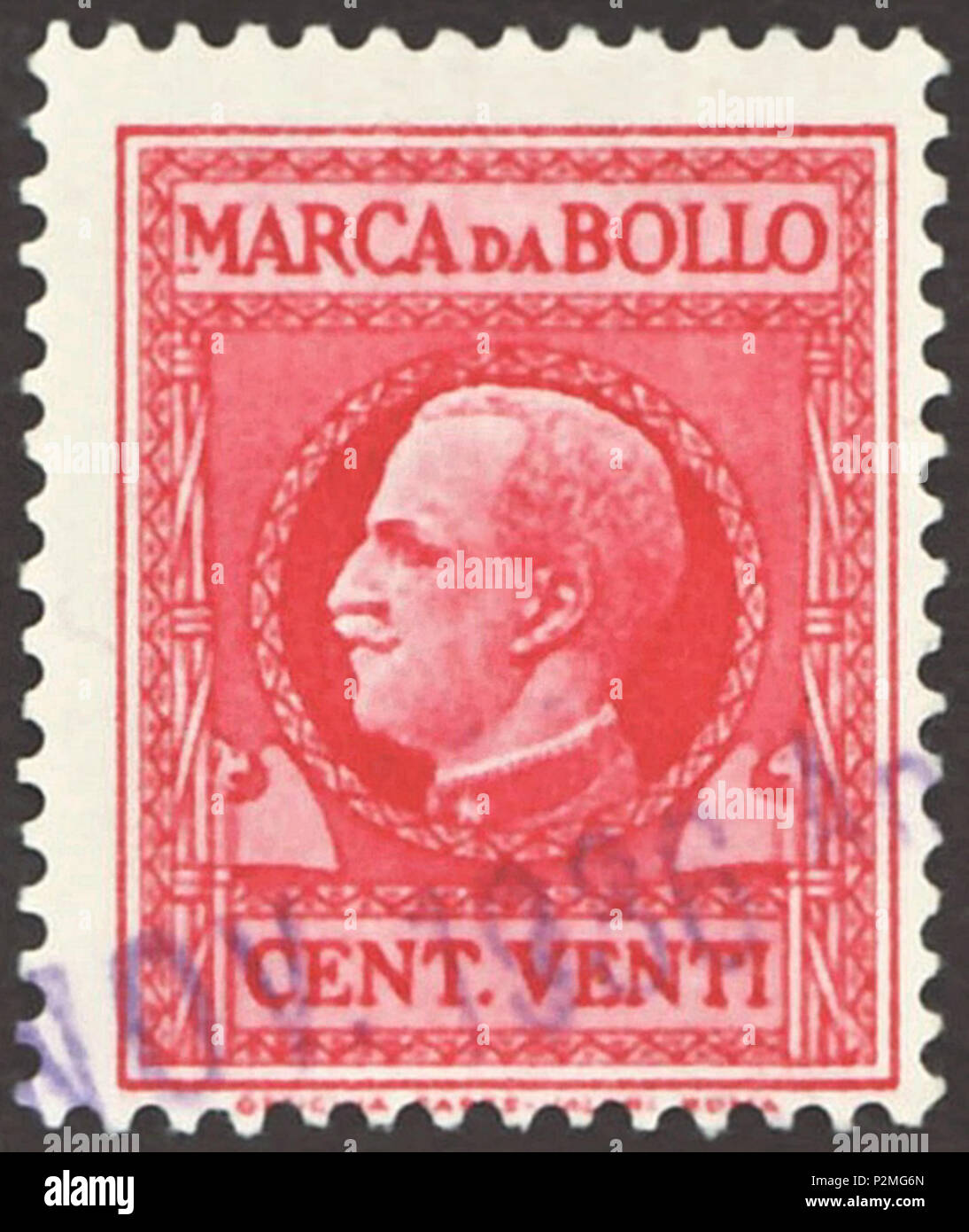 . Stamp of the Kingdom of Italy; 1930; revenue stamp (Italian: 'Marco da Bollo') of the issue 'King Vittorio Emanuele III in circle with view to left'; framed drawing of an effigy of King Victor Emmanuel III of Italy with view to right in an ornamented circle between two 'Fascio' symbols as lateral picture ornaments; nominal value written in letters (not in numbers); general fiscal stamp applicalble for all types of taxes; stamp postmarked in 1936 Stamp: Unificato MB 108 Color: red Watermark: Italy No. 1 (crown) Nominal value: 20 Centesimi ('CENT. VENTI') Postage valdity: from 1930 until 18 Ju Stock Photo