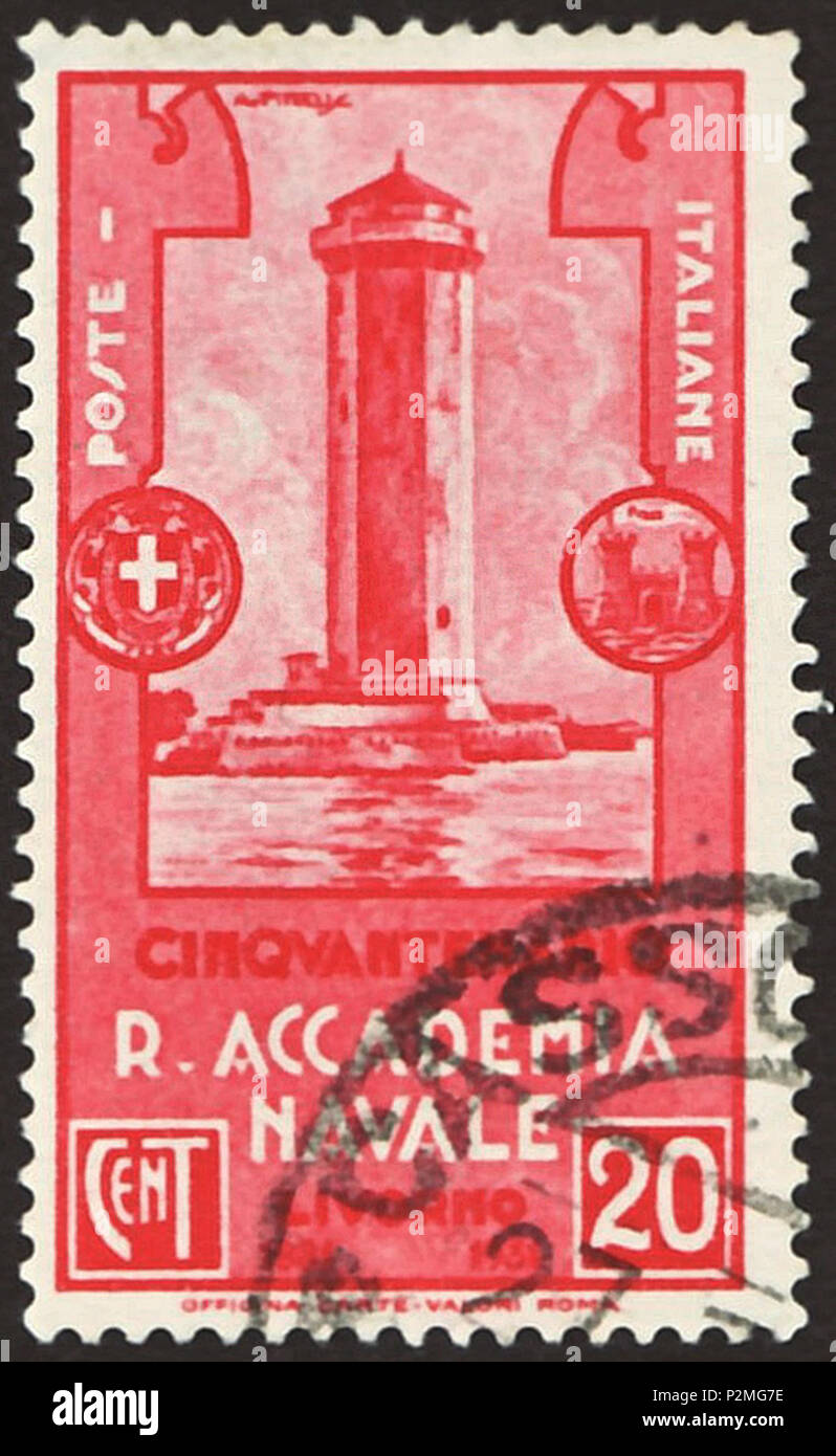 . Stamp of the Kingdom of Italy; 1931; commemorative stamp of the issue to the '50th anniversary of the Royal Naval Academy in Livorno' (official name: 'Regia Accademia Navale di Livorno'); the central stamp drawing shows the Torre del Marzocco (= the 'Tower of the winds' at the port of Livorno); postmarked Stamp: Michel: No. 369; Yvert & Tellier: No. 280; Scott No. 265 Color: red Watermark: Italy No. 1 (crown) Nominal value: 20 Cent (Centesimi) Postage validity: from 29 November 1931 until 31 March 1932 Stamp picture (printed area without below names line): 20.5 x 37.0 mm . 29 November 1931 ( Stock Photo