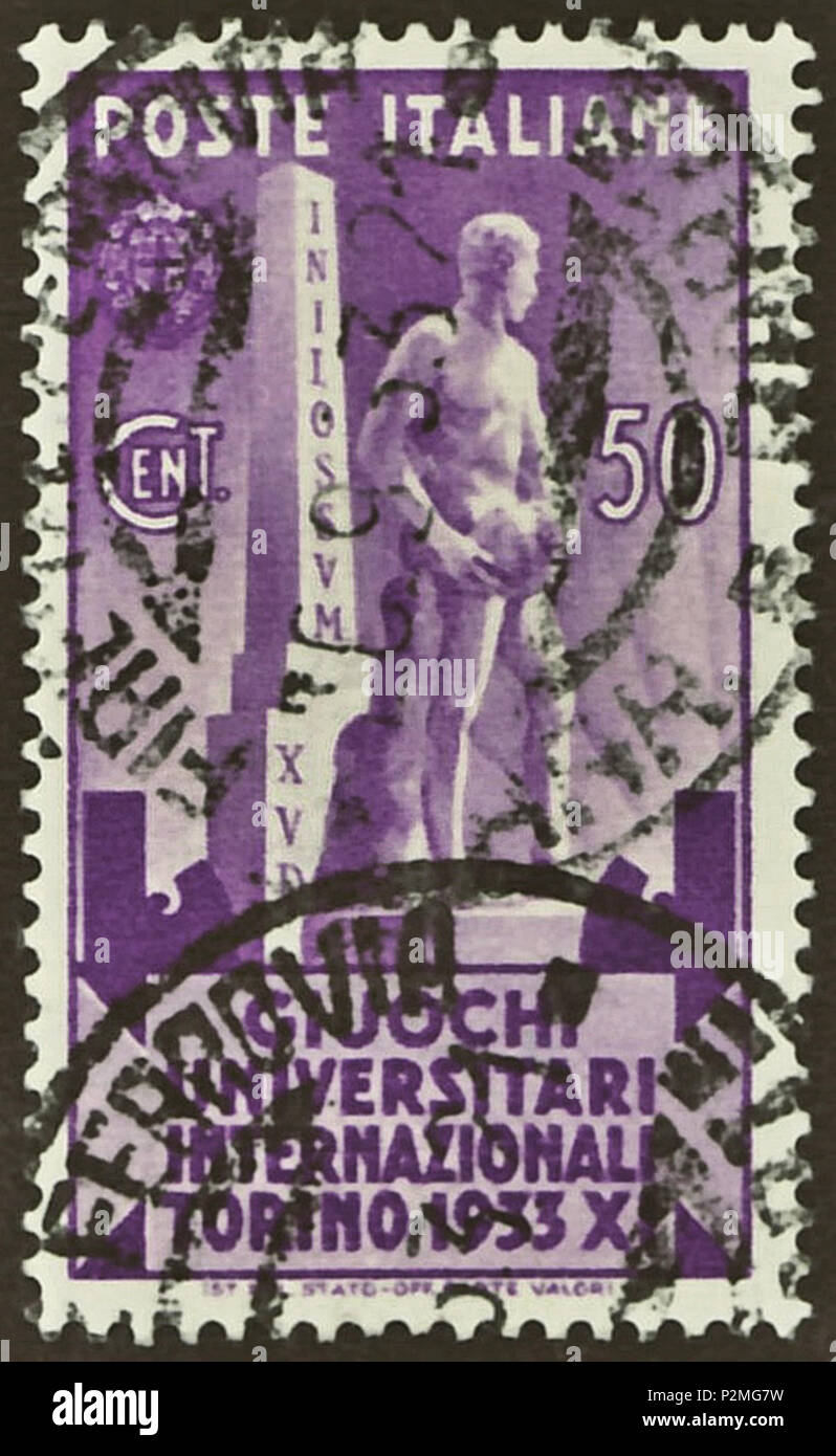 . Stamp of the Kingdom of Italy; 1933; commemorative stamp to the '5th International University Games' held in Turin in the time from 1 September 1933 until 10 September 1933; drawing of a statue of Benito Mussolini before an obelisk with inverted inscription 'INILOSSUM XUD' (= 'MUSSOLINI DUX' = 'The Leader Mussolini'); postmarked in 1933 The International University Sports Games were the precursor of the later staged Universiade (from 1959). Stamp: Michel: No. 450; Yvert & Tellier: No. 323; Scott: No. 308 Color: purple to violet Watermark: Italy No. 1 (crown) Nominal value: 50 Cent. (Centesim Stock Photo