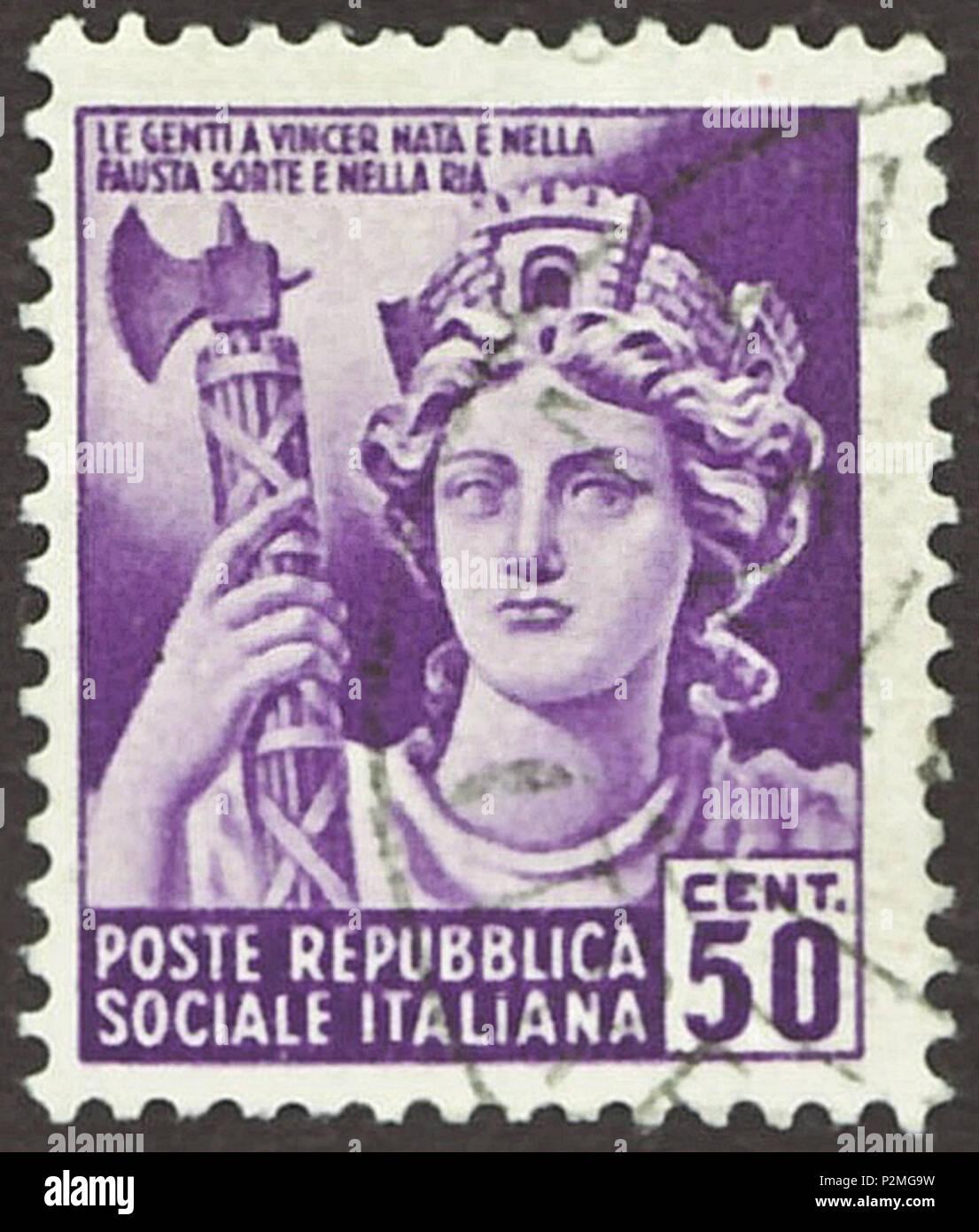 . Stamp of the Italian Social Republic; 1944; commemorative stamp of the issue 'Destroyed buildings and monuments - 2nd emission'; drawing of the head of a (destroyed) statue of the 'Italia turrita' with a Fascio as personalized symbol figure of the Fascist state; two-lines inscription in the upper area: 'LA GENTI A VINCAR NATA E NELLA / FAUSTA SORTE E NELLA RIA' (= Italian for 'The people (now) is broken, but born and unified in the destiny for better or for worse' (trial of translation)); stamp postmarked Stamp: Michel: No. 657Y; Yvert & Tellier: IT-RSI No. 36; Scott: IT-RSI No. 27 Color: pu Stock Photo