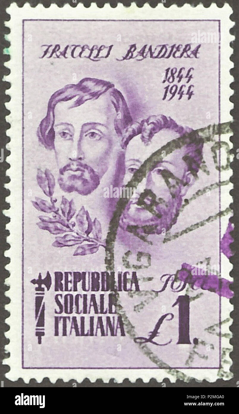 Stamp of the Italian Social Republic; 1944; commemorative stamp of the  issue '100th anniversary of death of the Brothers Bandiera'; drawing of the  faces of Attilio and Emilio Bandiera; stamp postmarked