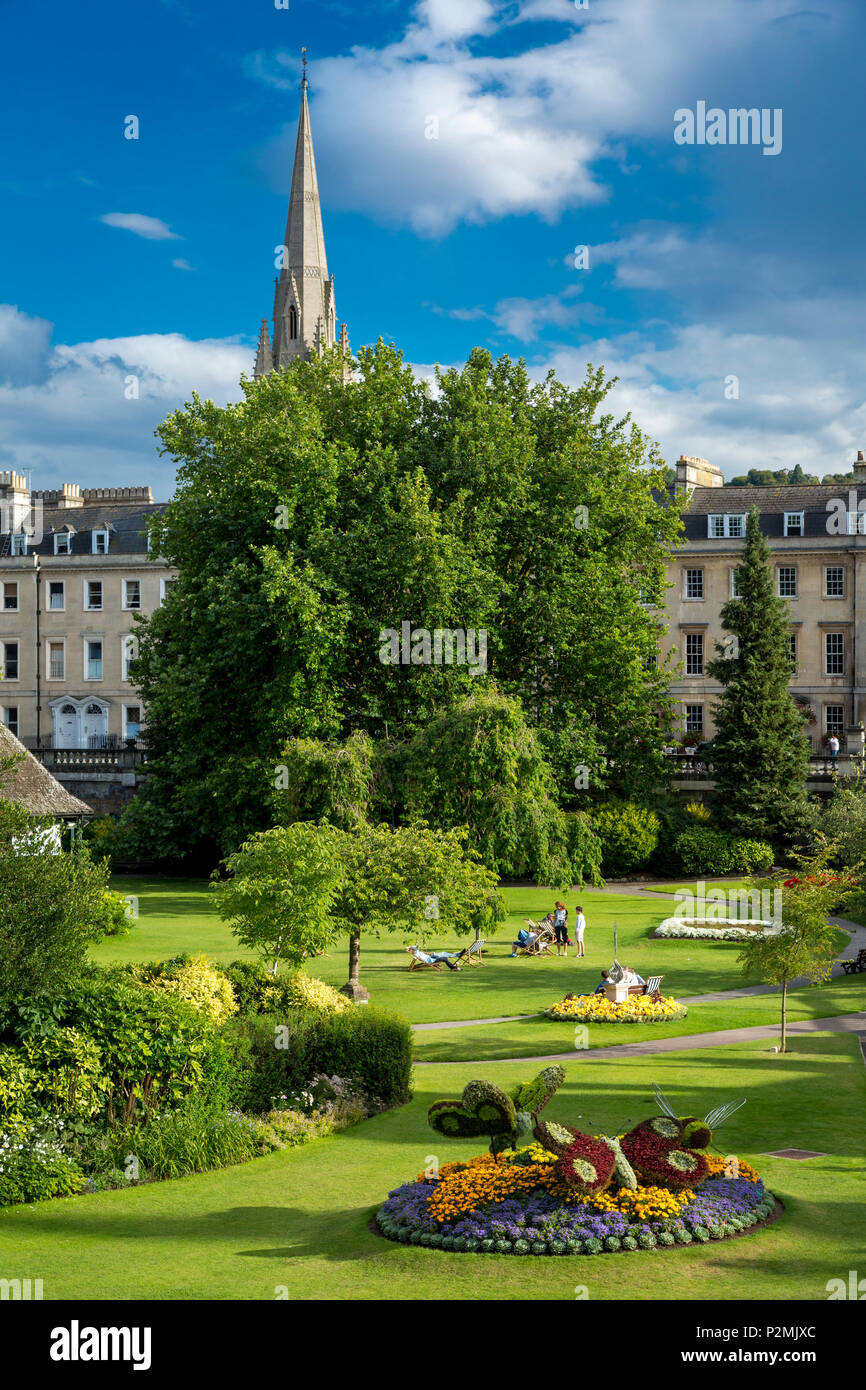 The Parade Gardens and Bath with tower of St John the Evangelist Church beyond, Bath, Somerset, England Stock Photo