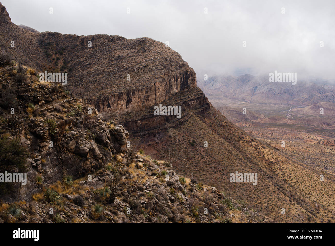 Scenic landscape view in the stormy desert mountains near Truth or Consequences, New Mexico. Stock Photo