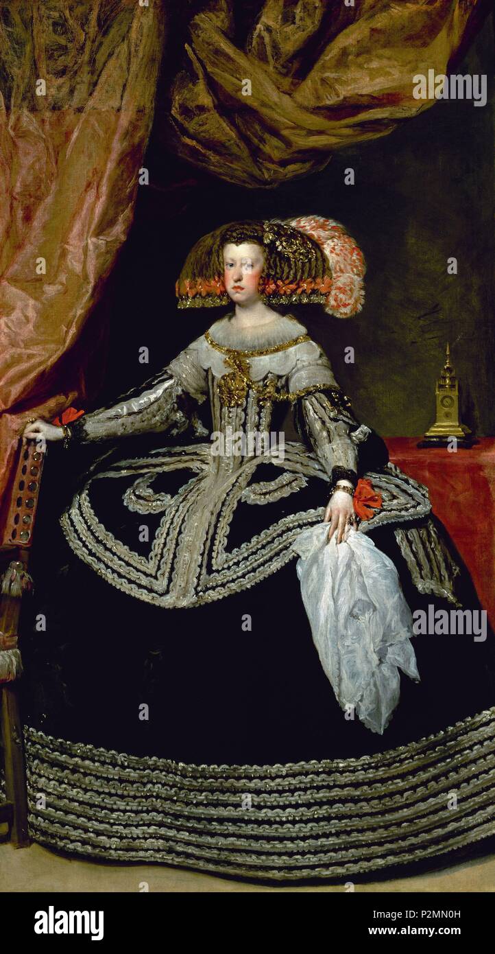 'Mariana of Austria. Queen of Spain', ca. 1652, Spanish Baroque, Oil on canvas, 234,2 cm x 132 cm, P01191. Author: Diego Velázquez (1599-1660). Location: MUSEO DEL PRADO-PINTURA, MADRID, SPAIN. Stock Photo