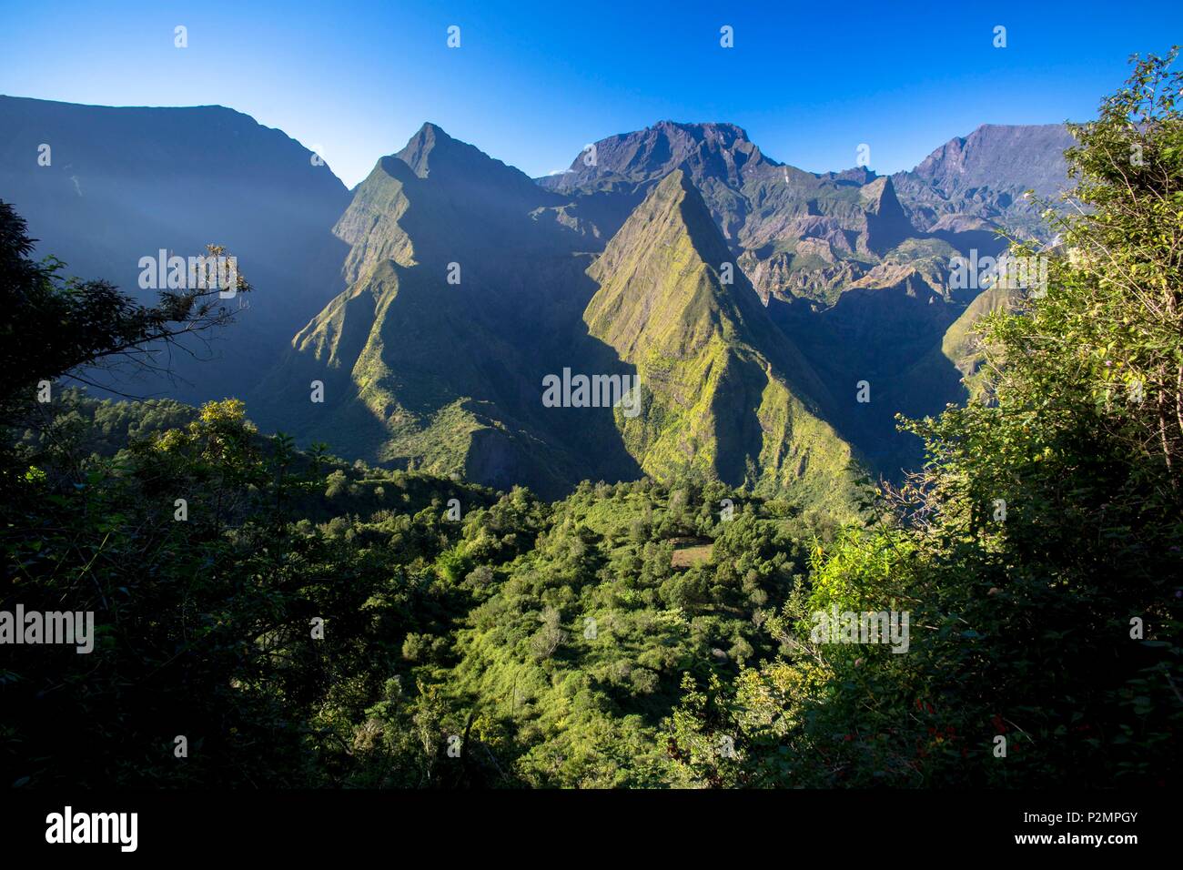 France, Reunion island (French overseas department), Reunion National Park, listed as World Heritage by UNESCO, circus Mafate from Dos d'Ane Stock Photo