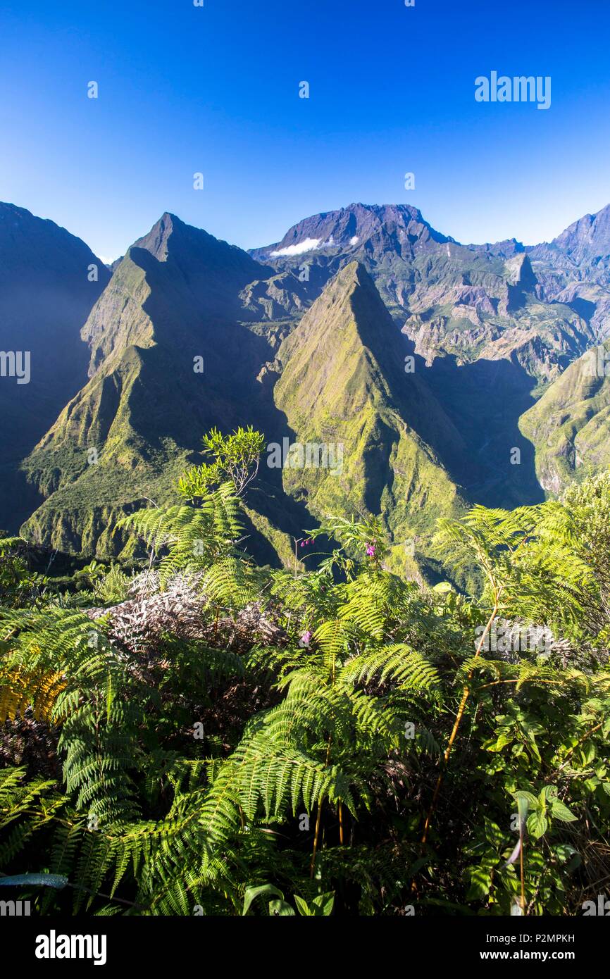 France, Reunion island (French overseas department), Reunion National Park, listed as World Heritage by UNESCO, circus Mafate from Dos d'Ane Stock Photo