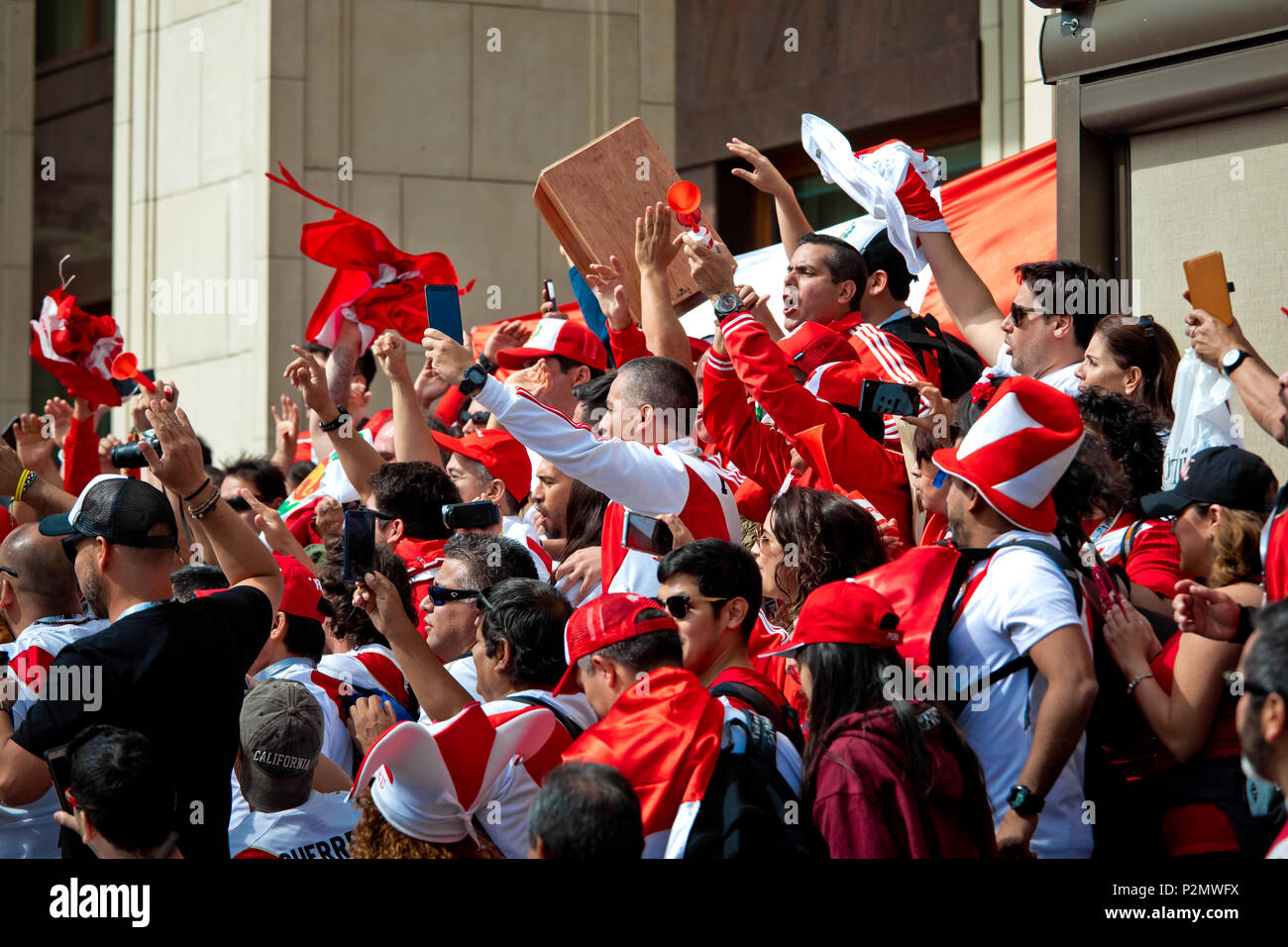 Moscow, Russia - June, 2018: Peru football fans on world cup championship in Moscow, Russia Stock Photo
