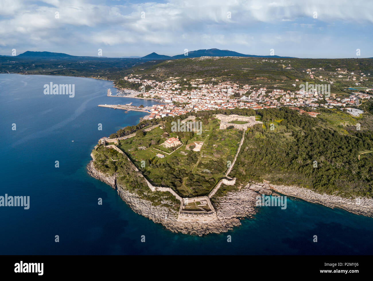 Aerial view of Pylos town and castle in the Peloponnese peninsula of southern Greece Stock Photo