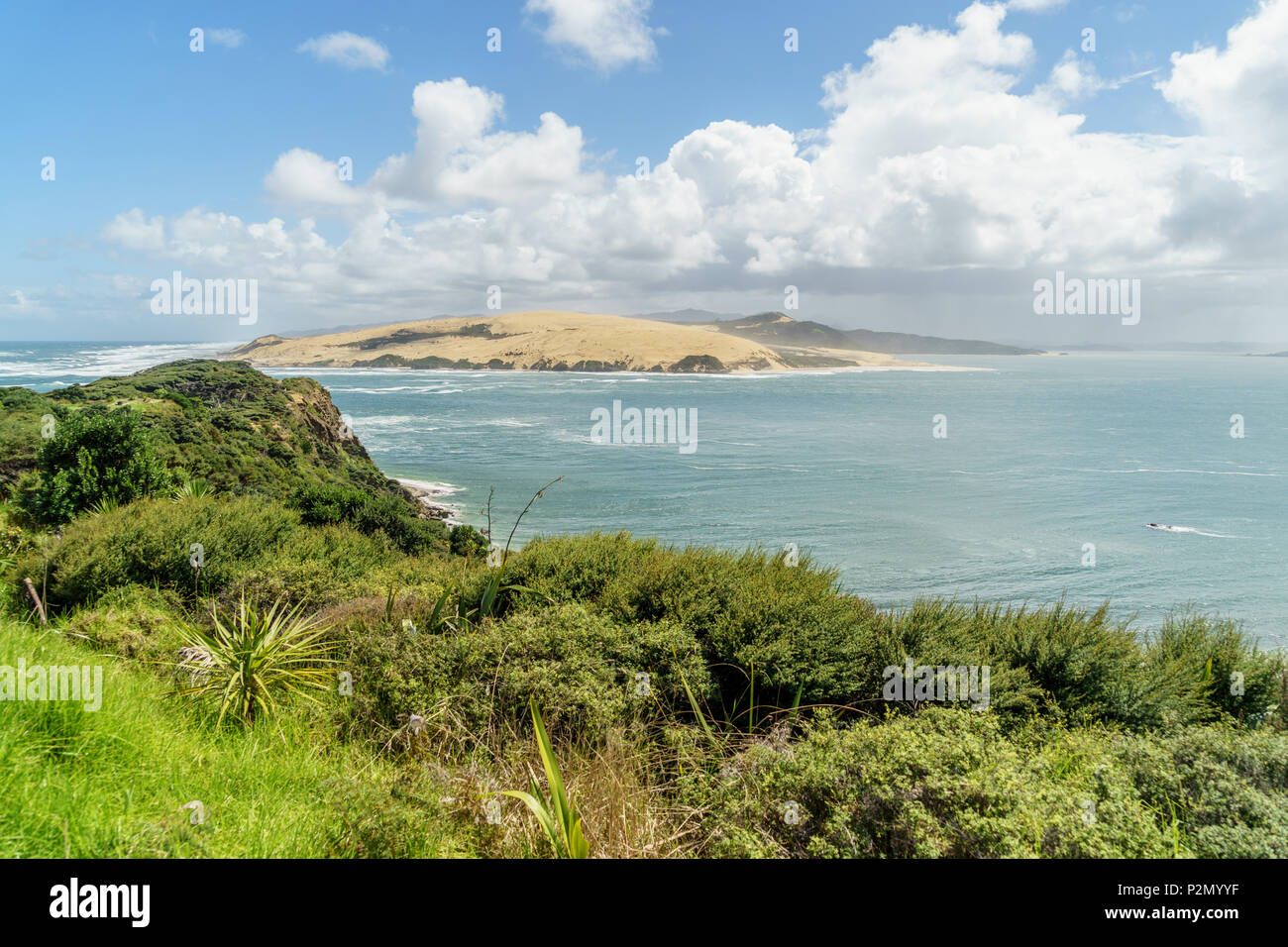 aerial view of beautiful ocean coastline on sunny summer day, Omapere, New Zealand Stock Photo