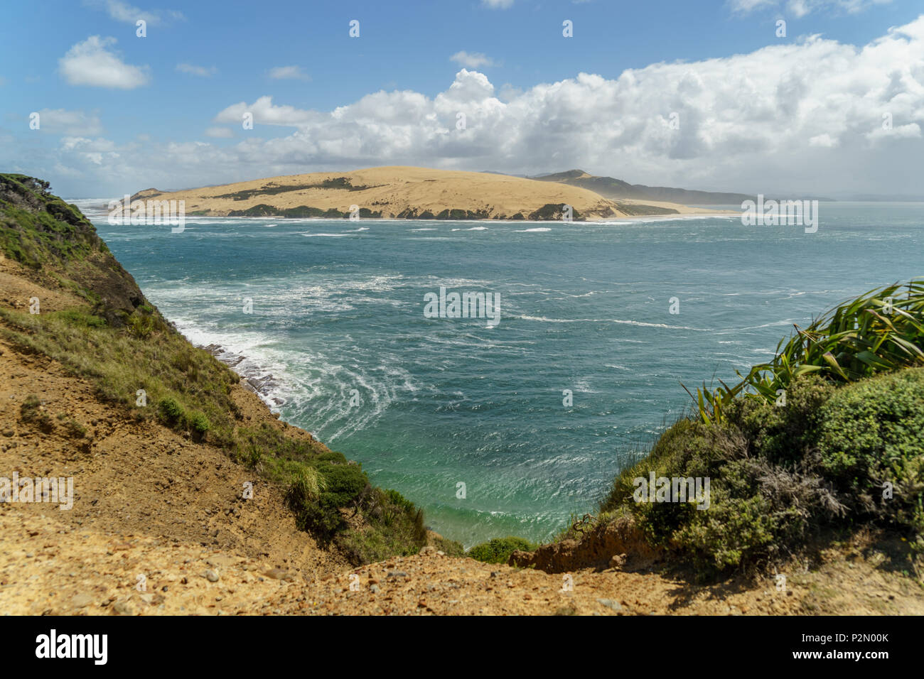 view of from coast on island in ocean, Omapere, New Zealand Stock Photo