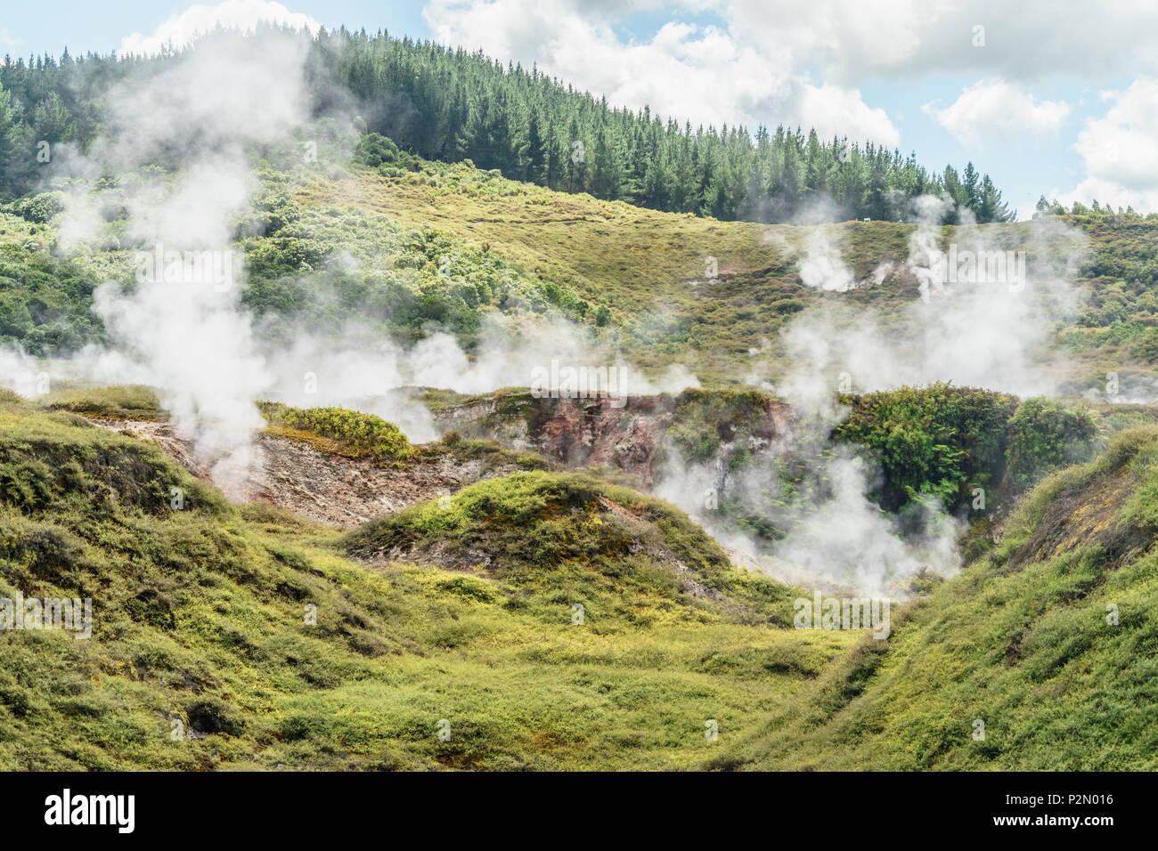 Geothermal hot springs on sunny day, Craters of the Moon, New Zealand