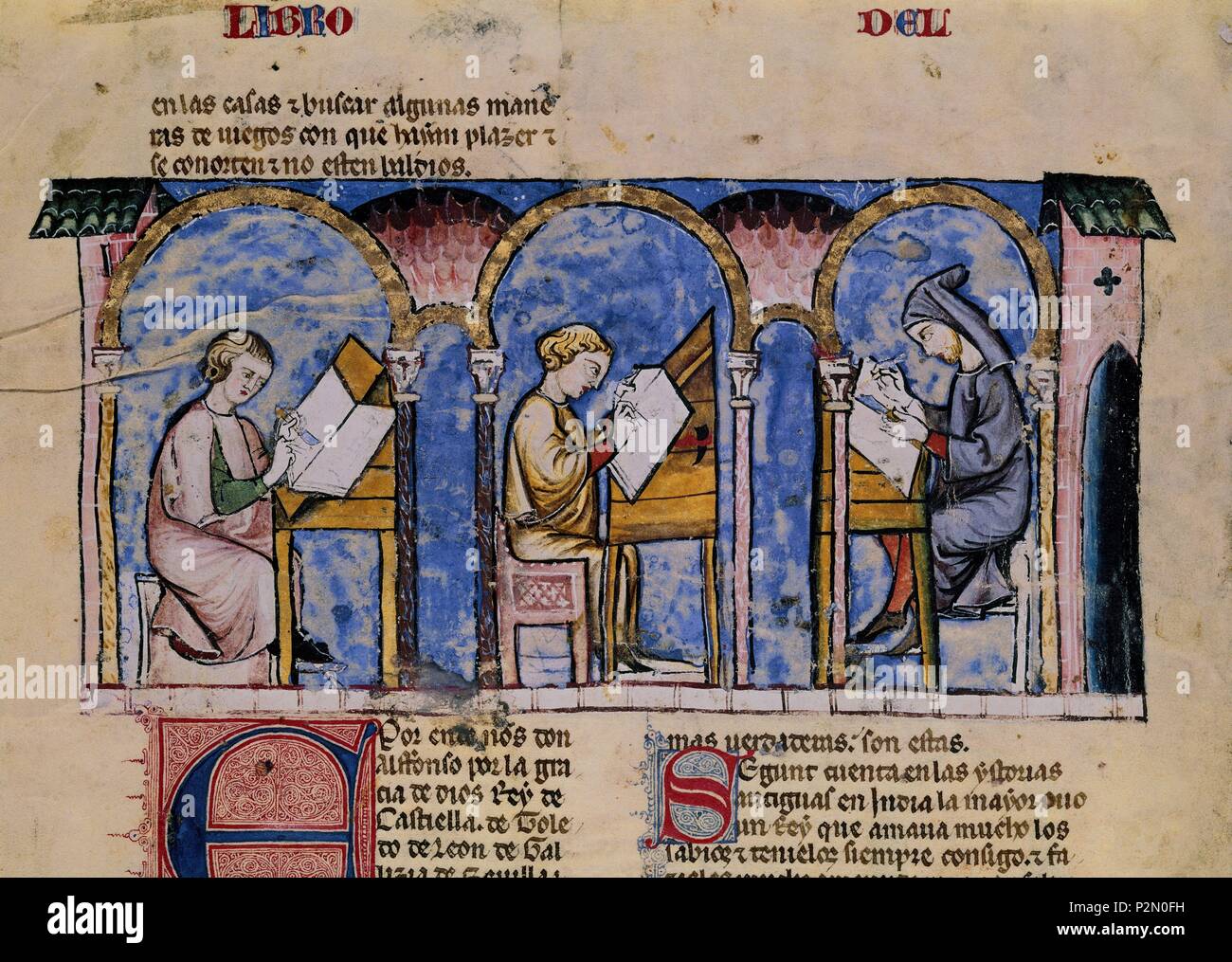 Spanish school. Book of Games: Alphonse X's calligraphers. 13th century. Book 1, folio 1 V. Madrid, San Lorenzo de El Escorial library. Author: Alfonso X of Castile the Wise (1221-1284). Location: MONASTERIO-BIBLIOTECA-COLECCION, SAN LORENZO DEL ESCORIAL, MADRID, SPAIN. Stock Photo