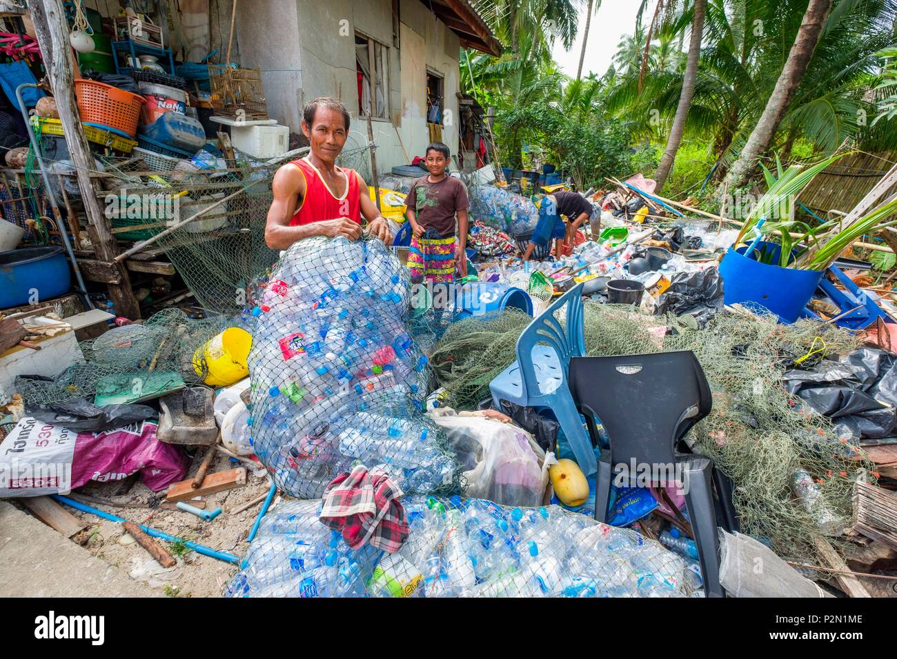 Thailand, Trang province, Ko Mook island, recovery of plastic bottles Stock Photo