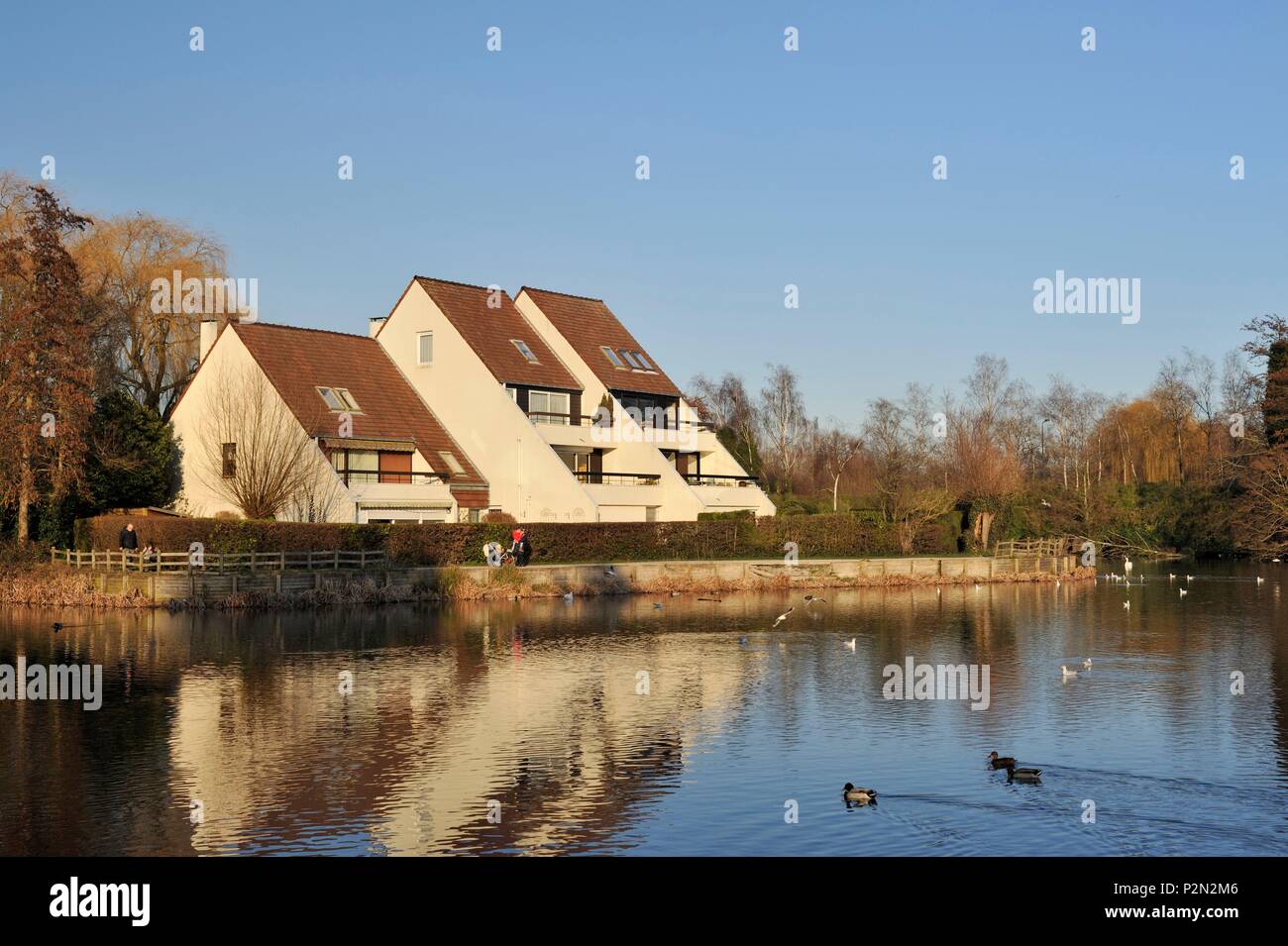 France, Nord, Villeneuve d'Ascq, district Flers-Chateau, apartment on the shore of the lake of the Spaniards Stock Photo