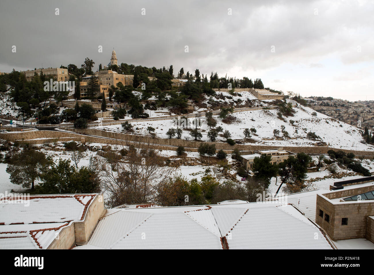 Jerusalem old city and villages around during a snow storm Stock Photo ...