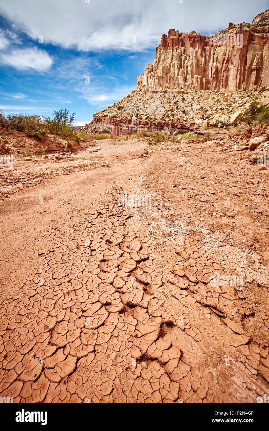 Dried up river bed in the Capitol Reef National Park, Utah, USA. Stock Photo