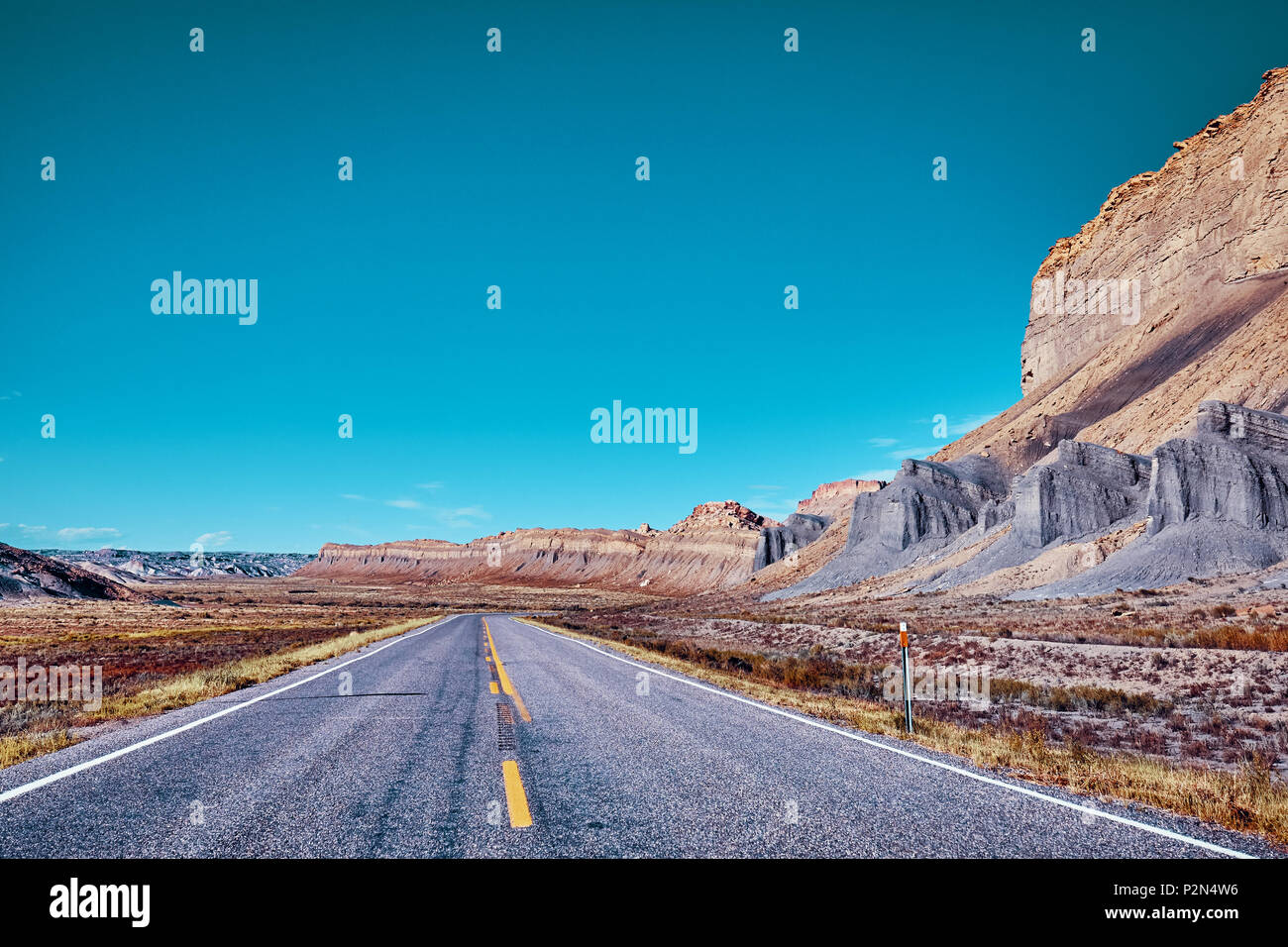 Scenic road in the Capitol Reef National Park, retro style toned picture, Utah, USA. Stock Photo