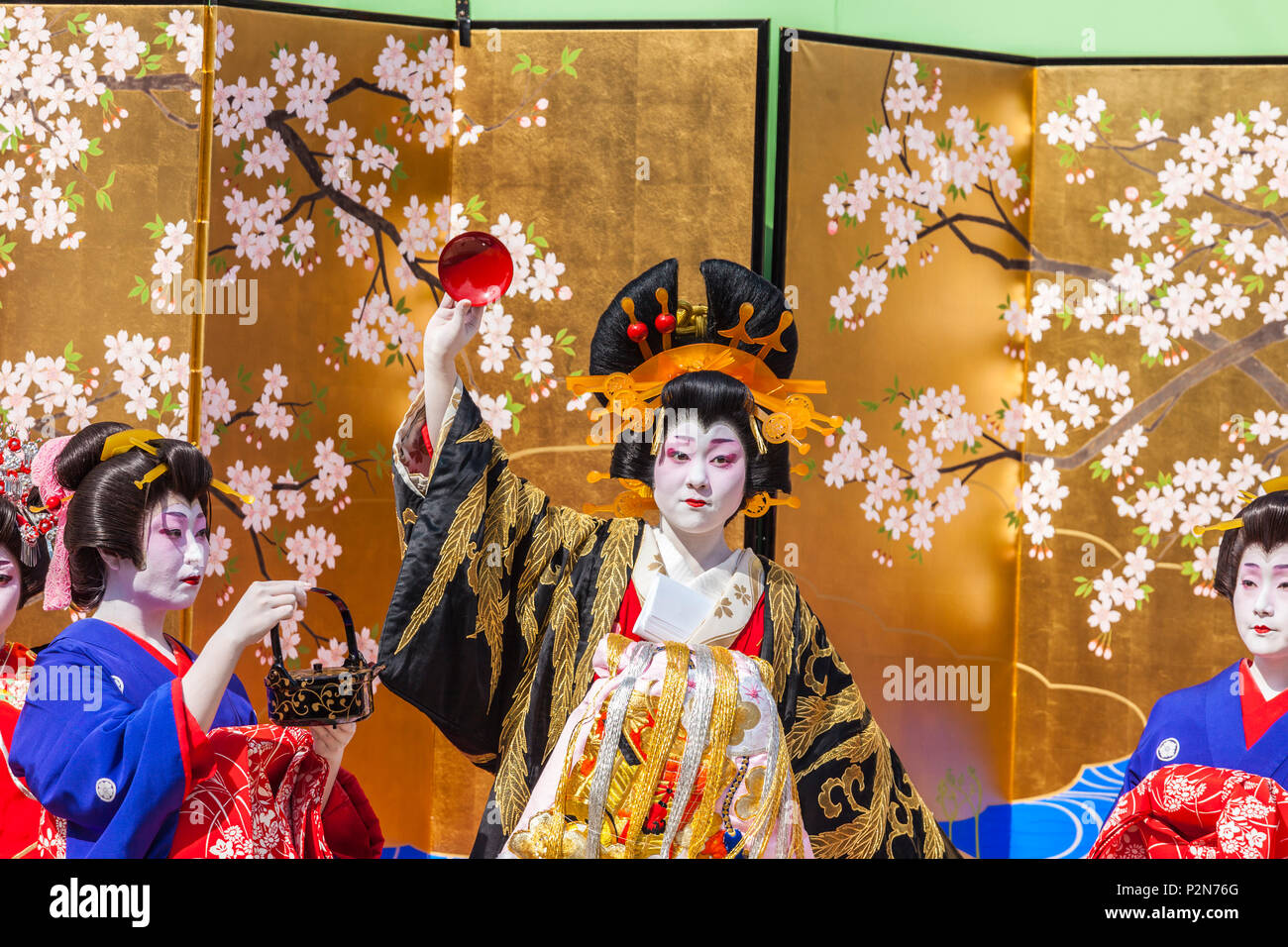 Stage performance in colorful costumes during Oiran-Doch Festival in Asakusa, Taito-ku, Tokyo, Japan Stock Photo