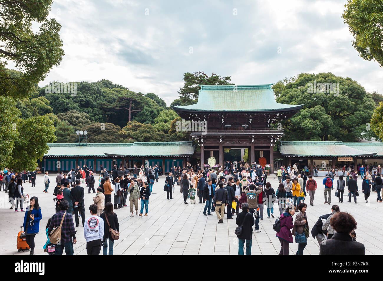 Tourist crowd in inner yard area of Meiji Shrine, Shibuya, Tokyo, Japan Stock Photo
